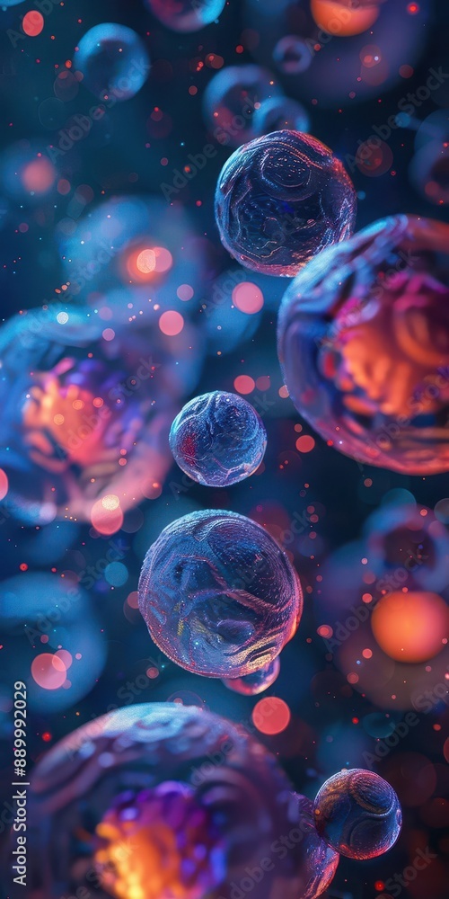 Poster closeup of abstract background with round shaped cells of vaccine of different sizes illuminated by 