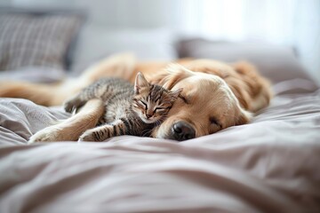 Obraz premium Sweet puppy and kitten happily playing, showcasing their innocent bond in heartwarming scene