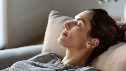 A woman doing a guided relaxation exercise with a voice recording, lying down in a comfortable position