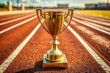 trophy gold cup on marathon running line