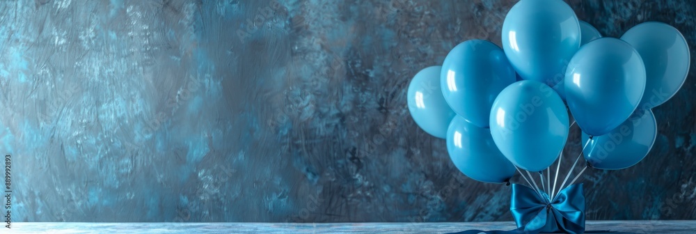Poster a cluster of blue balloons are tied together with a blue ribbon and placed on a table in front of a 