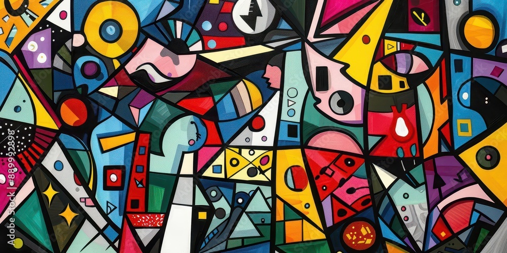 Poster abstract painting featuring an array of vivid multicolored shapes and figures intertwined with black