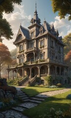 Obraz premium Victorian Mansion with Stone Steps and Lush Garden.