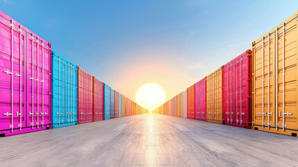 Fototapeta premium Rows of vibrant shipping containers aligned on both sides with the sun setting in the background, creating a colorful and symmetrical industrial scene.