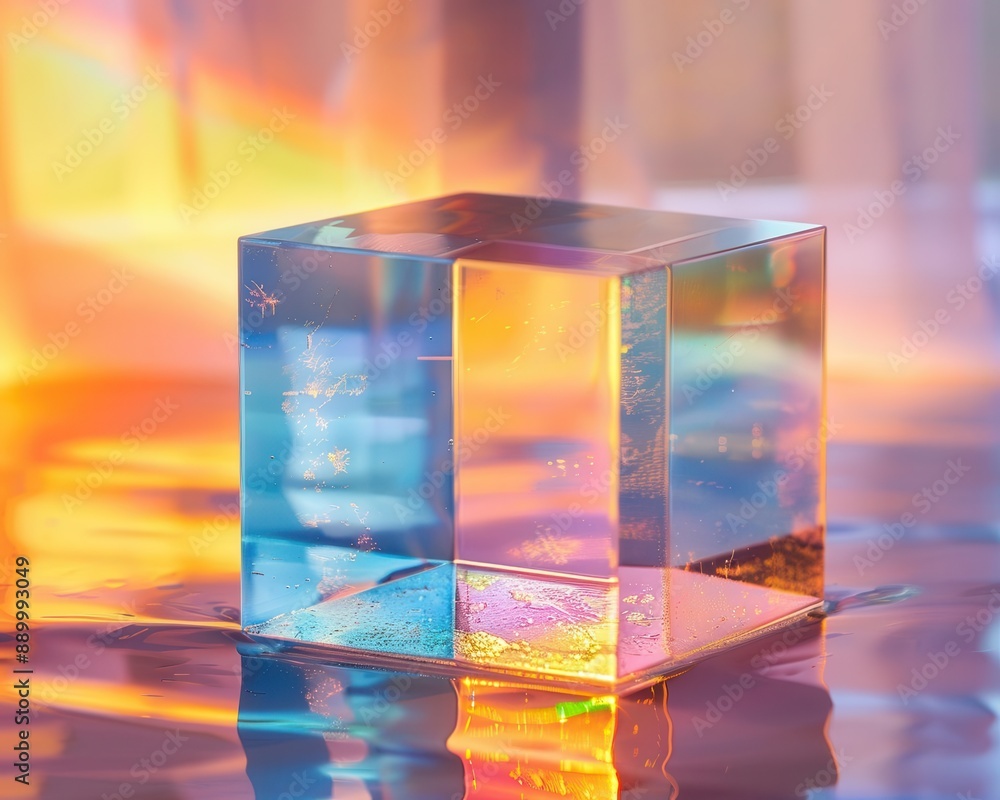 Poster Abstract background with closeup shot of glossy crystal block with multicolored gradient reflection on blurred mirror surface.