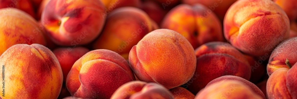 Poster close-up of ripe peaches in a random arrangement, creating an appealing texture. space on the right 