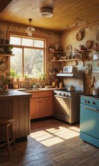 Fototapeta premium Rustic Kitchen with Blue Stove and Window Light.