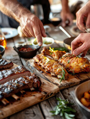 On the left a huge steak and whole ribs with hands reaching for it. On the right a golden, crispy chicken with hands grabbing it. AI generative.