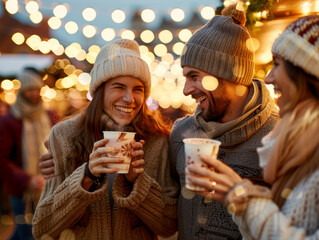 A group of people standing at a Christmas market and drinking mulled wine, Christmas party. AI generative.