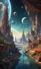 Alien Landscape With Tall Rock Formations and River.