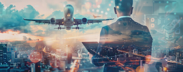 Businessman Overlooking Cityscape with Airplane and Digital Interface Overlay