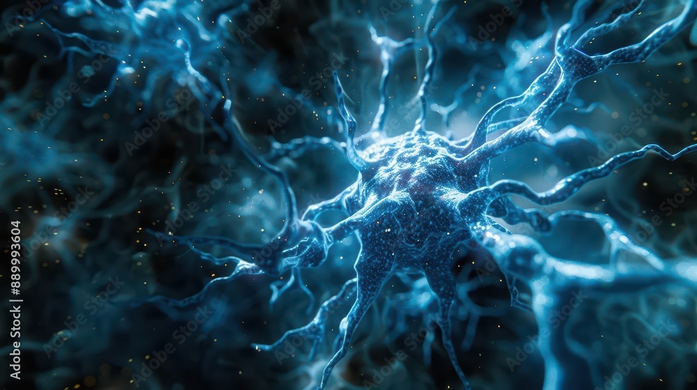 Poster a visually striking abstract image resembling a neuron structure exploding in vibrant blue tones aga