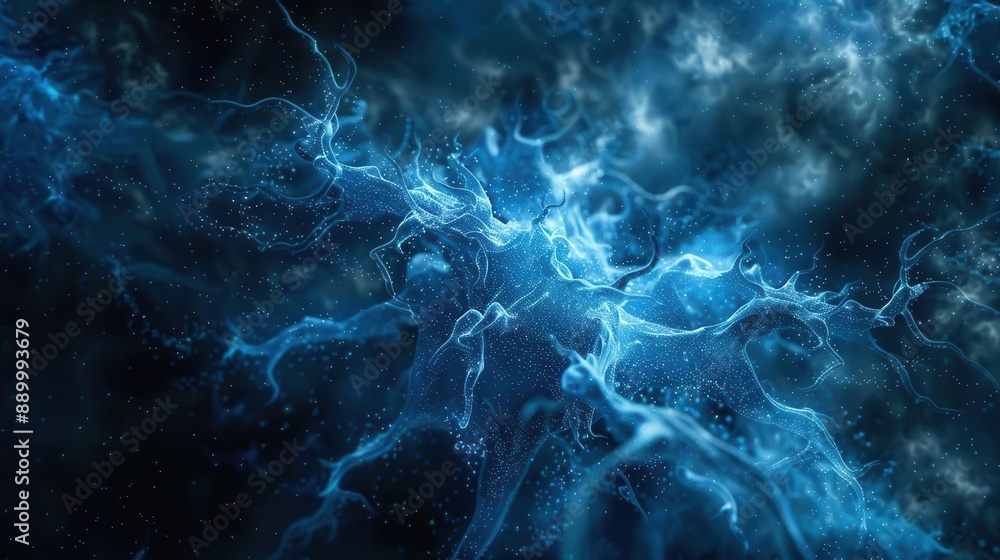 Poster a visually striking abstract image resembling a neuron structure exploding in vibrant blue hues agai