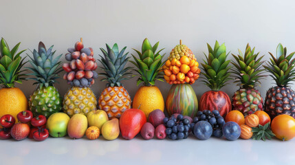 A colorful and vibrant display of assorted exotic fruits, neatly arranged in a row, showcasing their unique textures and appearances. Perfect for food and health themes.