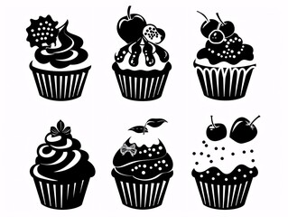 5. Elegant black silhouettes of cupcakes and muffins in a vector illustration set, each with distinct decorative details such as frosting, sprinkles, and fruit, isolated on a white background, ideal