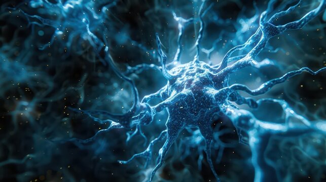 A visually striking abstract image resembling a neuron structure exploding in vibrant blue tones against a dark black backdrop.