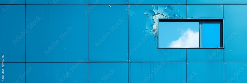Poster a broken window on a modern highrise building reveals a view of a partly cloudy blue sky. the window