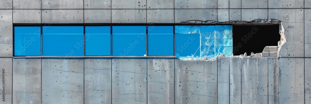 Poster a close-up shot of a broken window in a modern high-rise building facade. the window is partially sh