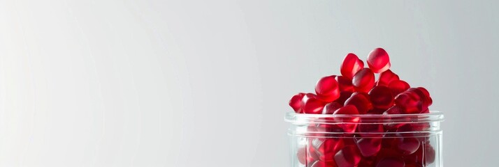 Red gummy candies in the shape of hearts fill a clear plastic bottle. The bottle is set against a plain white background