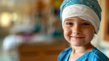 Smiling Child in Hospital Garb with Bandaged Head - Heartwarming Pediatric Care Scene