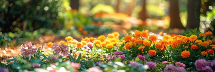 A colorful spring garden with blooming flowers and green foliage. The sunlight creates a warm, inviting atmosphere, emphasizing nature's beauty
