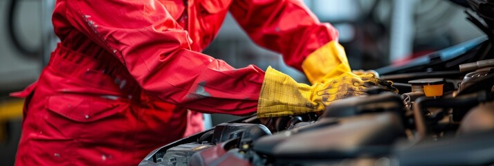 A mechanic in a red jumpsuit and yellow gloves meticulously works on a car engine inside a garage