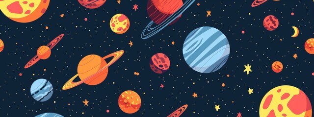 A pattern of different celestial bodies like planets, moons, and asteroids. seamless illustration pattern.