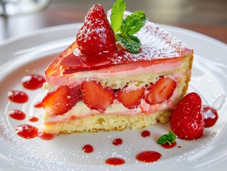 3. A beautifully presented slice of strawberry chess cake on a white plate, highlighting the cake's creamy filling, vibrant strawberry layers, and crisp, flaky crust, with a garnish of mint leaves