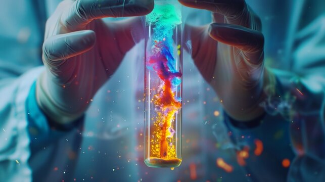 A scientist's hands carefully hold a test tube with a vibrant chemical reaction, highlighting intricate techniques.