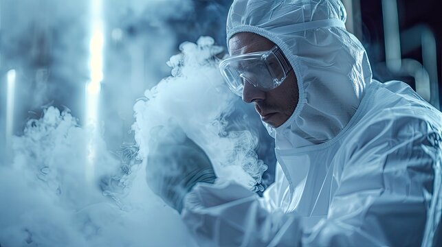 A scientist wearing protective gear and working in a fume hood, carefully handling volatile chemicals.