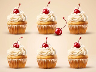 2. A realistic set of cupcakes, each adorned with smooth whipped cream and a single cherry on top, presented from different angles including front, top, and bottom views, highlighting the texture and