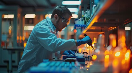 A lab technician conducting an assay with microplates, surrounded by pipettes, buffers, and other lab essentials.