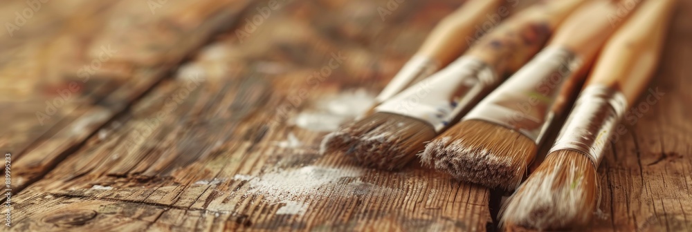 Poster a shallow depth of field focuses on the bristles of paintbrushes resting on a rustic wooden table, h