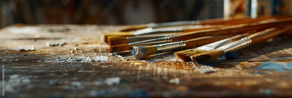 Poster a selection of paintbrushes are arranged on a wooden table. the image is focused on the bristles of 