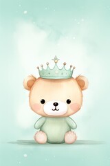 a cute baby teddy bear with crown on head and light blue outfit, green watercolor background, lined...