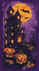 Fototapeta premium Halloween Day Concept. Graphic t-shirt design style halloween haunted house. pumpkin heads. Violet background