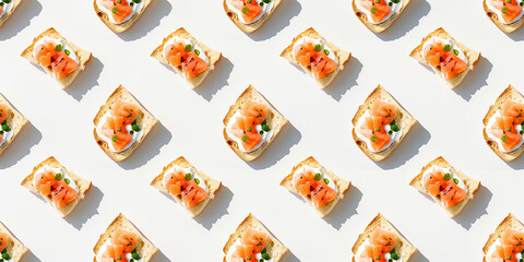 Obraz premium A background of tartines, each with its shadow, scattered across the canvas in an elegant display, with soft shadows on a white background