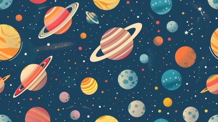 A pattern of different celestial bodies like planets, moons, and asteroids. seamless illustration pattern.