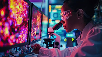 A scientist using a fluorescence microscope to examine cell samples, with brightly colored images displayed on a computer screen.