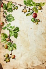 Watercolor vintage scrapbook junk journal page, watercolor clipart of tasty gooseberry branch in center, on parchment paper, for Junk Journal, Digital Paper, Printable 