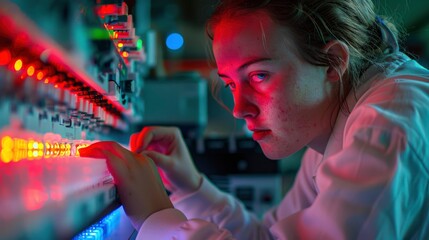 A researcher adjusting the settings on a flow cytometer, preparing for a detailed cellular analysis.