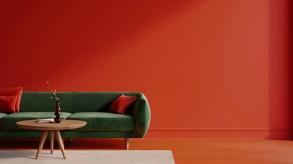 Modern living room with a green sofa with red background.