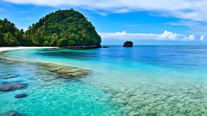 Obraz premium Very beautiful panoramic view of the blue sea with green trees
