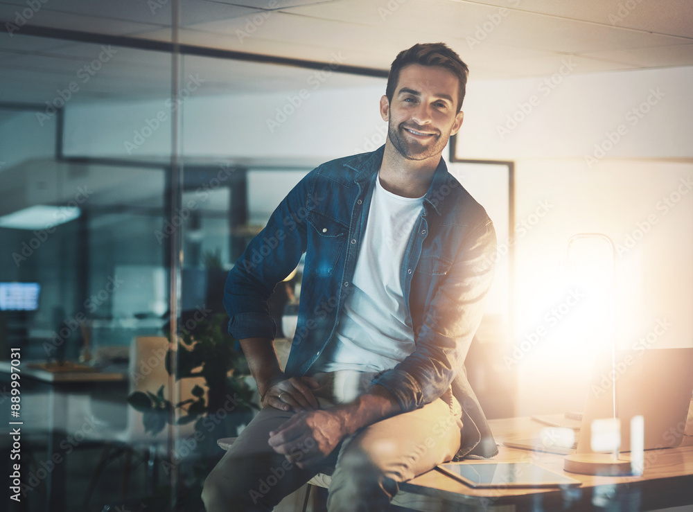 Poster smile, night and portrait of man in office for working overtime on company cybersecurity firewall. h