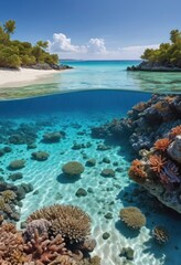 Obraz premium Tropical Beach and Underwater Coral Reef.