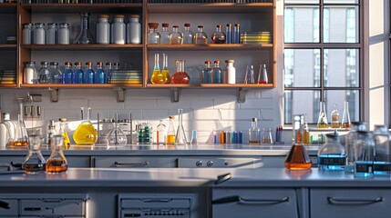 A clean and organized lab bench with various glassware, chemicals, and a Bunsen burner, ready for an experiment.