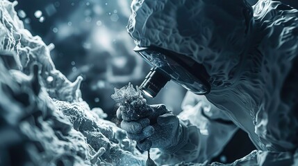 A scientist examining a sample using a high-resolution electron microscope, showcasing the intricate details of the specimen.