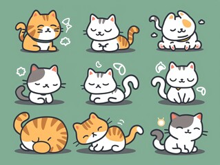 2. A kawaii style vector illustration collection of adorable cats in various poses, including playful, curious, relaxed, and joyful stances, designed for use in t-shirt prints, stickers, and greeting