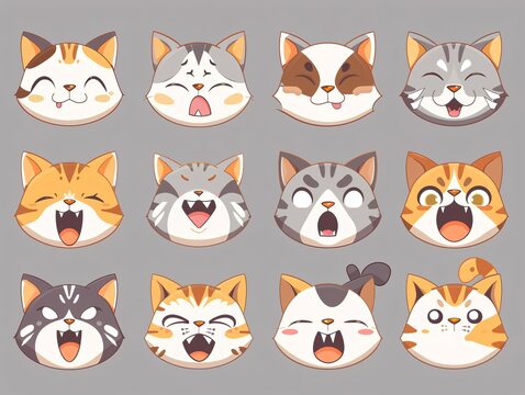 3. An emote collection of cute cat character expressions in vector format, depicting a range of feelings like excitement, curiosity, boredom, and fear, with each face capturing the cat's personality