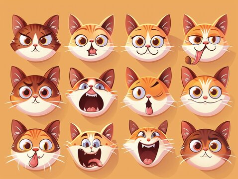 3. An emote collection of cute cat character expressions in vector format, depicting a range of feelings like excitement, curiosity, boredom, and fear, with each face capturing the cat's personality